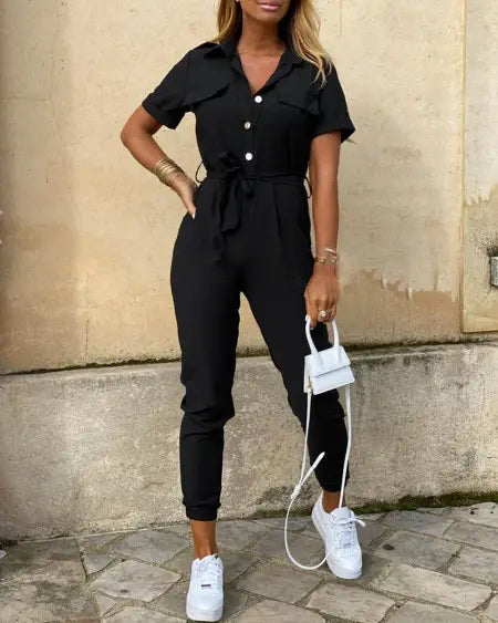 Short-Sleeved Jumpsuit with Pockets and Buttons