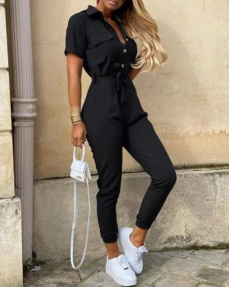 Short-Sleeved Jumpsuit with Pockets and Buttons