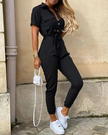 Short-Sleeved Jumpsuit with Pockets and Buttons