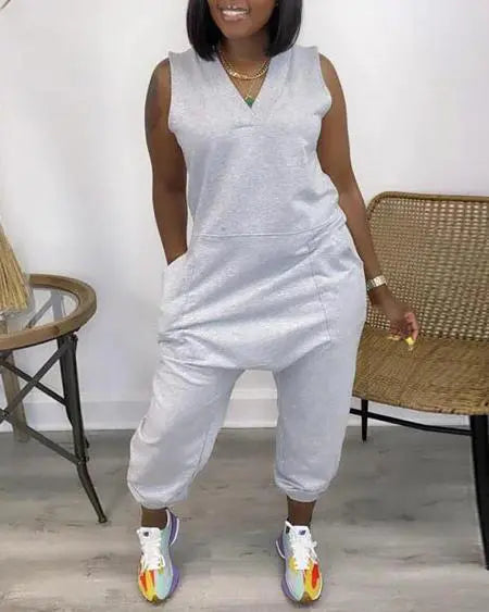 V-Neck Jumpsuit with Pockets & Sleeveless Cut