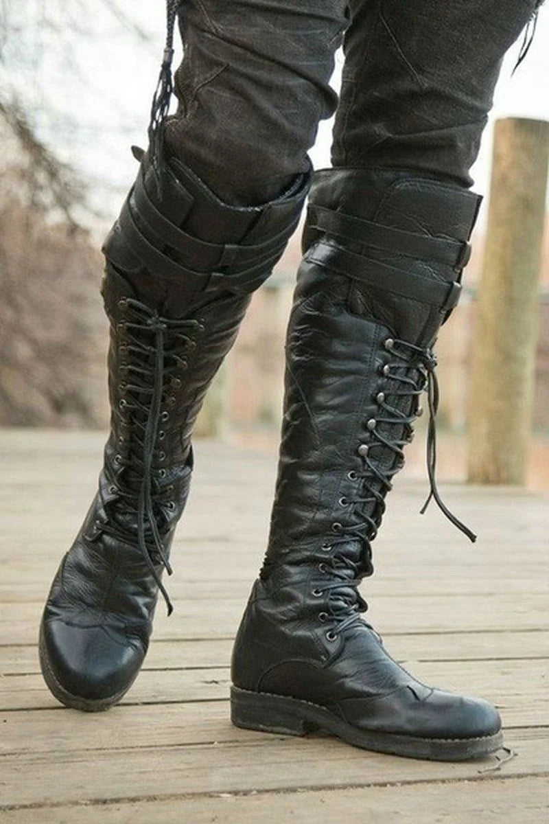 Men's Medieval Style Knee High Boots - Rugged Cross Strap Lace-Up Shoes for Every Season