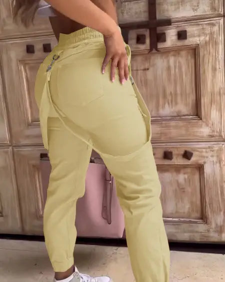 Suspender Pants with Pocket Design & Cuffed Detail