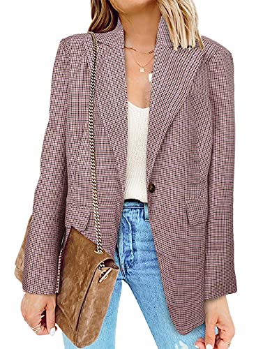 Womens Casual Pocketed Plaid Blazer Front Open Jacket With One Closure Buttons
