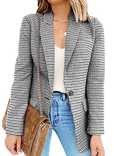 Womens Casual Pocketed Plaid Blazer Front Open Jacket With One Closure Buttons