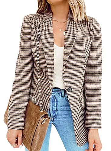 Womens Casual Pocketed Plaid Blazer Front Open Jacket With One Closure Buttons