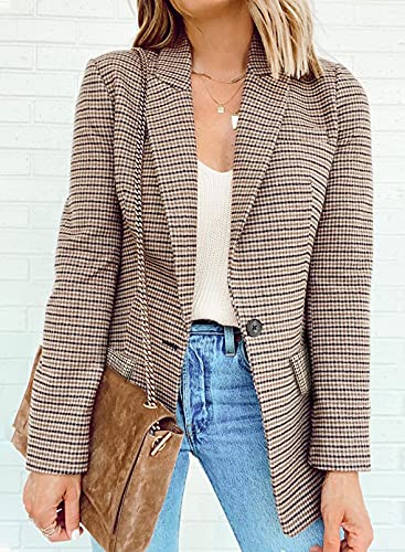 Womens Casual Pocketed Plaid Blazer Front Open Jacket With One Closure Buttons