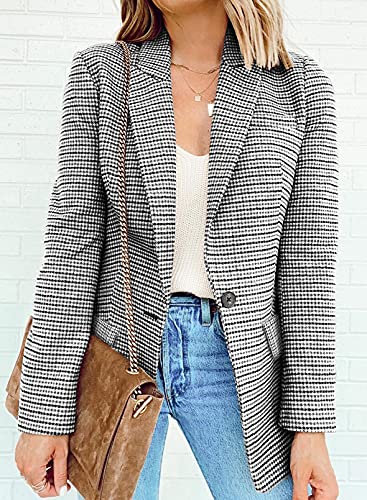 Womens Casual Pocketed Plaid Blazer Front Open Jacket With One Closure Buttons
