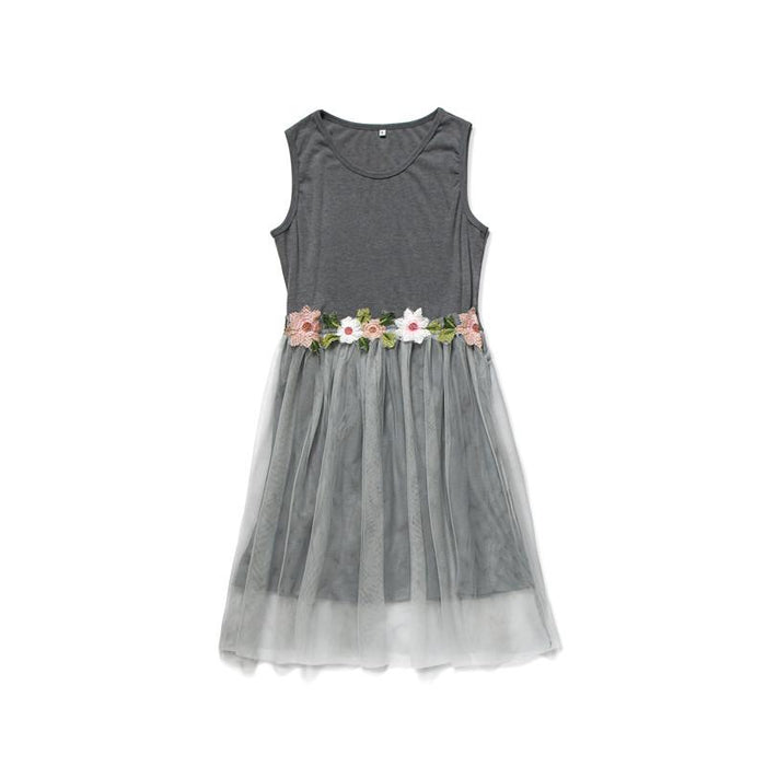 Mommy and Me Mesh Stitching Flower Decoration Tank Dresses