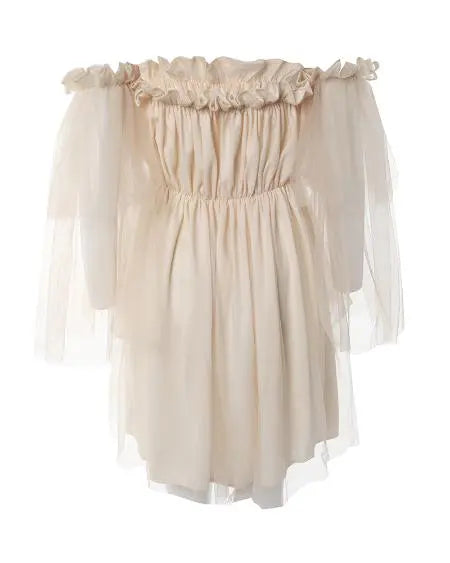 Doorzichtige mesh-swingjurk met off-shoulder en ruches 