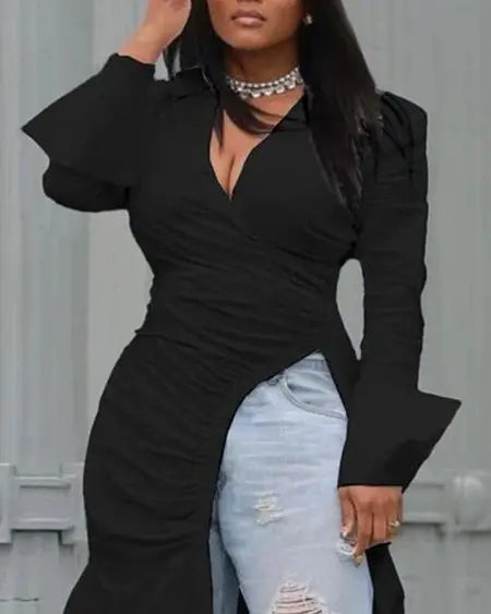 Plus Size Longline Top with Ruching & High Slit