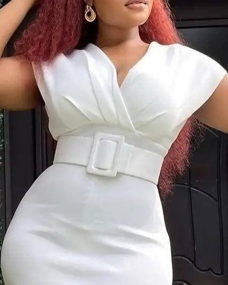 V-Neck Work Dress with Cap Sleeves