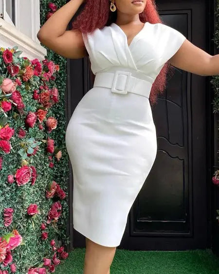 V-Neck Work Dress with Cap Sleeves