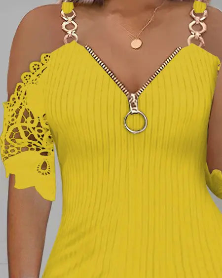 Zip Front Cold Shoulder Top with Contrast Lace