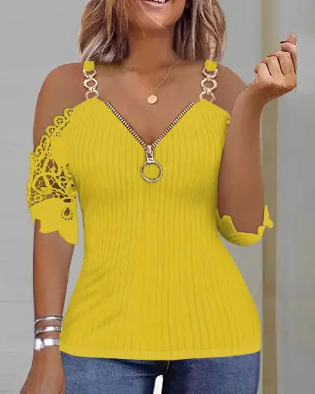 Zip Front Cold Shoulder Top with Contrast Lace