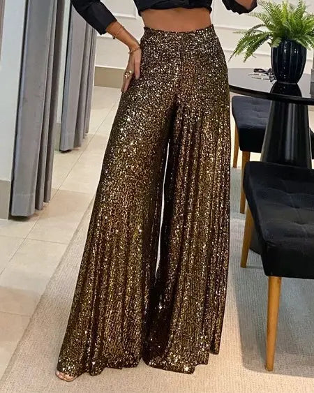 High Waist Pants with Sequins & Wide Leg Flare