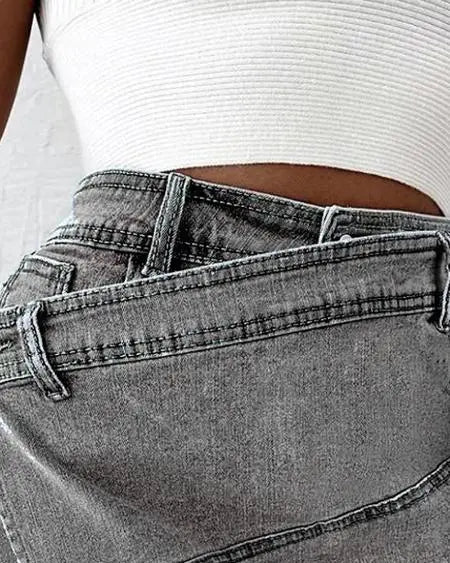 Asymmetrical Denim Wrap Skorts