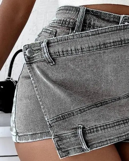 Asymmetrical Denim Wrap Skorts