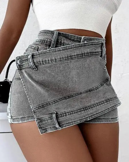 Asymmetrische denim wikkelskorts 