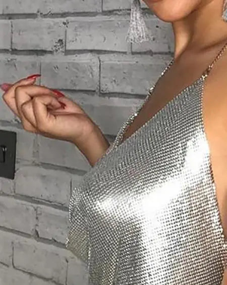 Sleeveless Crop Top with Halter Neck and Rhinestones