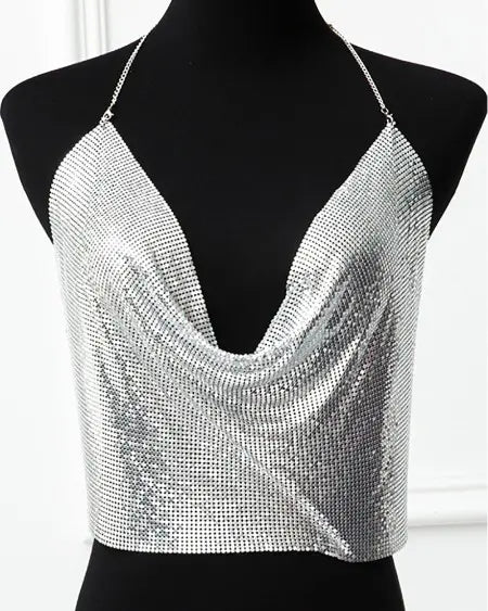 Sleeveless Crop Top with Halter Neck and Rhinestones