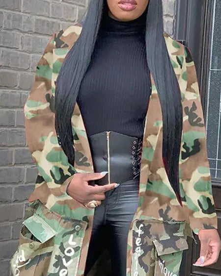 Longline Coat with Camouflage Letter Print & Buttoned Pockets