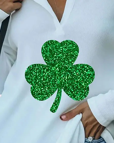 V-Neck T-Shirt with St. Patrick's Clover Print