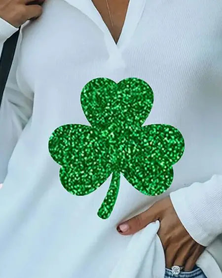 V-Neck T-Shirt with St. Patrick's Clover Print