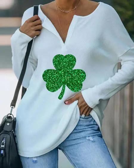 V-Neck T-Shirt with St. Patrick's Clover Print