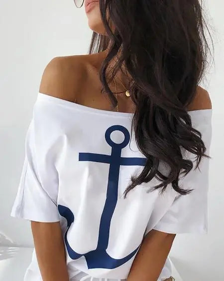 T-Shirt & Striped Skirt Combo with Boat Anchor Print