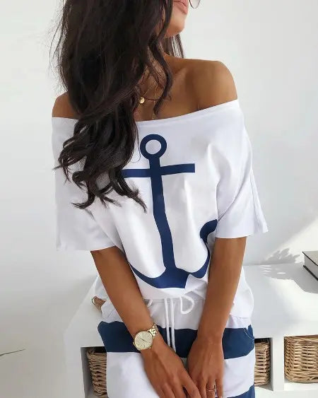 T-Shirt & Striped Skirt Combo with Boat Anchor Print