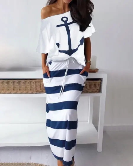 T-Shirt & Striped Skirt Combo with Boat Anchor Print