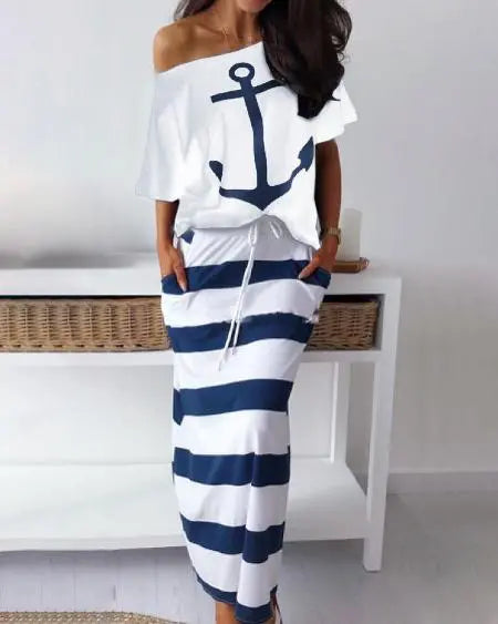 T-Shirt & Striped Skirt Combo with Boat Anchor Print