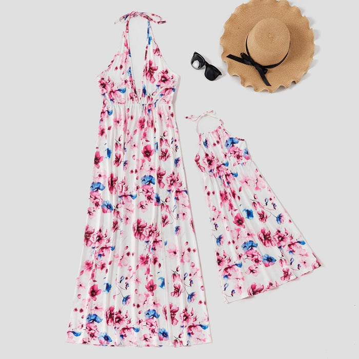 Printed Hanging-neck Long Dresses for Mommy and Me