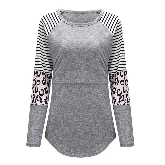 Casual Leopard Print Long-sleeve Nursing Tee