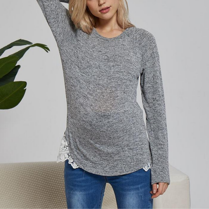 Casual Solid Lace Long-sleeve Nursing Tee