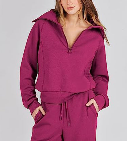 Women's Luxe 2-Piece Sweatsuit - Oversized Half-Zip Sweatshirt & Wide-Leg Lounge Pants - Exotic Colors