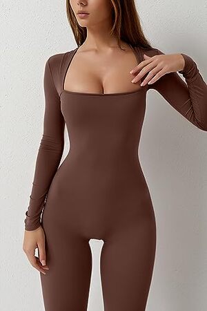 Elegant Wide Leg Long Sleeve Jumpsuit for Women: Full-Length Square Neck Romper