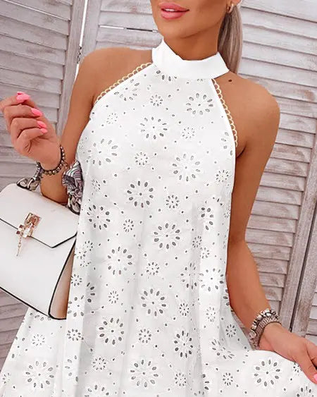 Casual Halter Dress with Eyelet Embroidery
