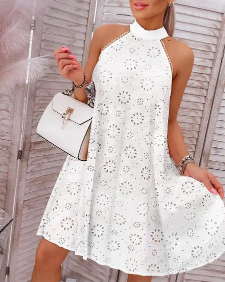 Casual Halter Dress with Eyelet Embroidery