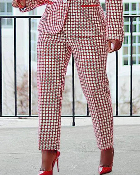 Plus Size Plaid Blazer & Pants with Shawl Collar