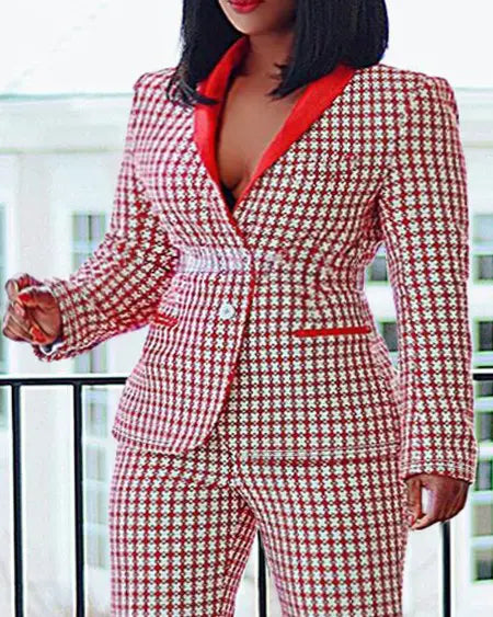 Plus Size Plaid Blazer & Pants with Shawl Collar