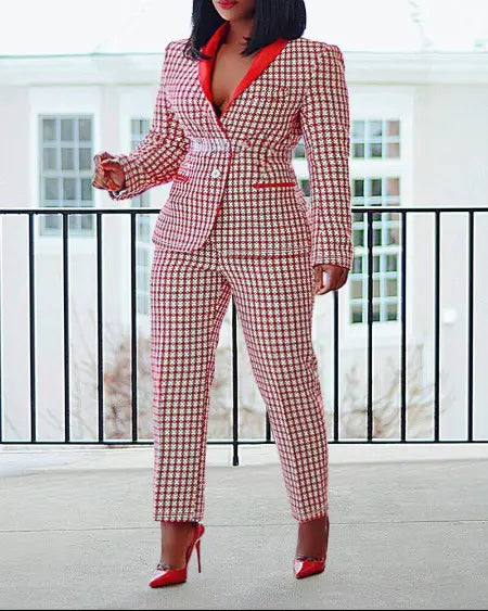 Plus Size Plaid Blazer & Pants with Shawl Collar