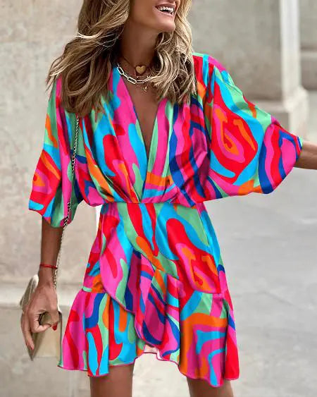 Abstract Print Dress with Batwing Sleeves & Ruffled Hem
