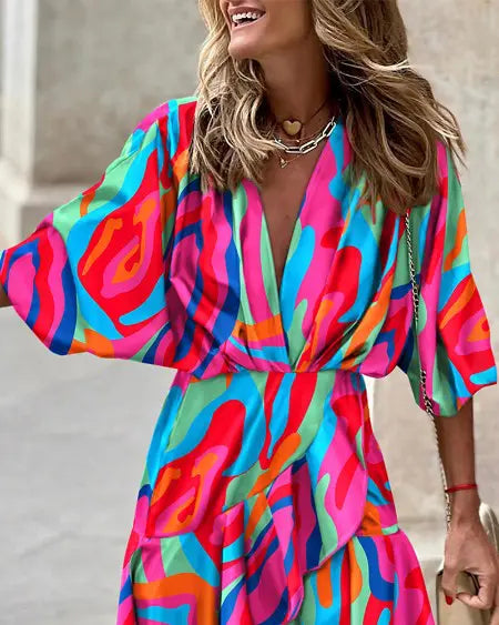 Abstract Print Dress with Batwing Sleeves & Ruffled Hem