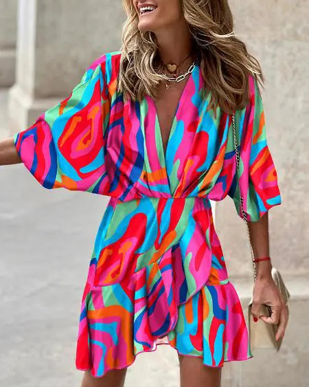 Abstract Print Dress with Batwing Sleeves & Ruffled Hem