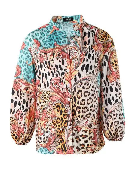 Camisa de manga larga con estampado de leopardo y barroco 