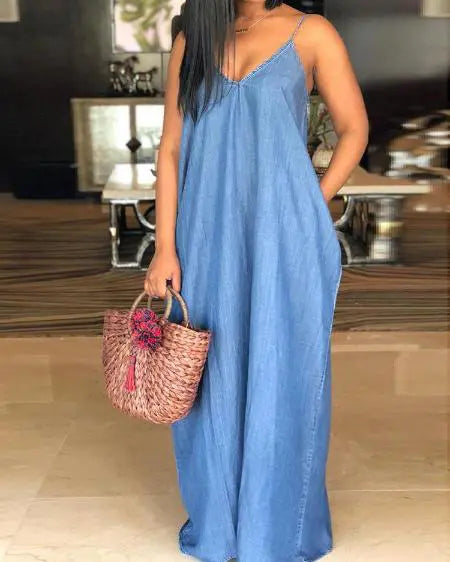 Spaghetti Strap Denim Dress in Plain Design