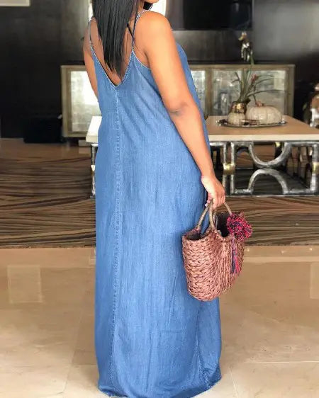 Spaghetti Strap Denim Dress in Plain Design