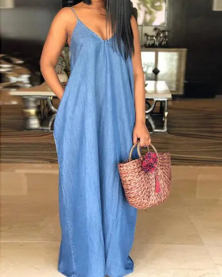 Spaghetti Strap Denim Dress in Plain Design