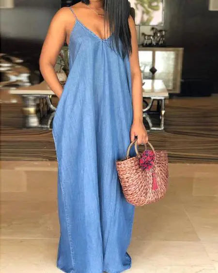 Spaghetti Strap Denim Dress in Plain Design